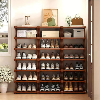 Vertical Shoe Rack 7 Tier, Bamboo Narrow Shoe Rack for Small Spaces, Freestanding Shoe Storage Organizer for Entryway Closet, Space Saving Skinny Shoe Shelf