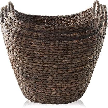 Casafield Set of 3 Multipurpose Boat Baskets with Handles - Espresso, Woven Water Hyacinth Storage Organizers for Throw Blankets, Bedroom, Laundry