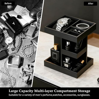 Rotating Cologne Organizer for Men, 3-Tier Large Capacity Wooden Perfume Stand with 360° Display, Desk & Dresser Organizer for Cologne, Watches & Accessories, Gift for Husband, Dad & Men (Black)