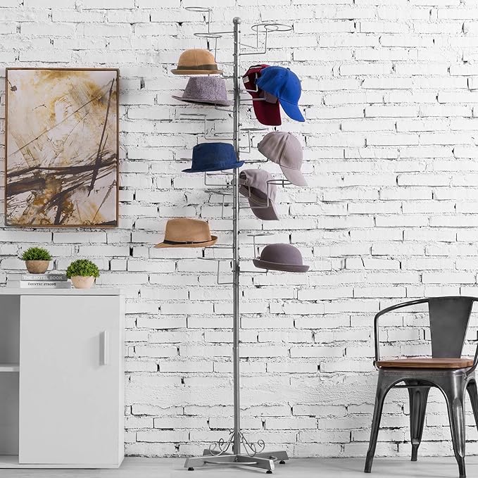 MyGift Hat Rack Holder Stand, Freestanding Baseball Cap Organizer Display, Large Retail Wig Holder with 20 Customizable Circular Hooks, for Multiple Hats, Shape of Tree, Silver Metal