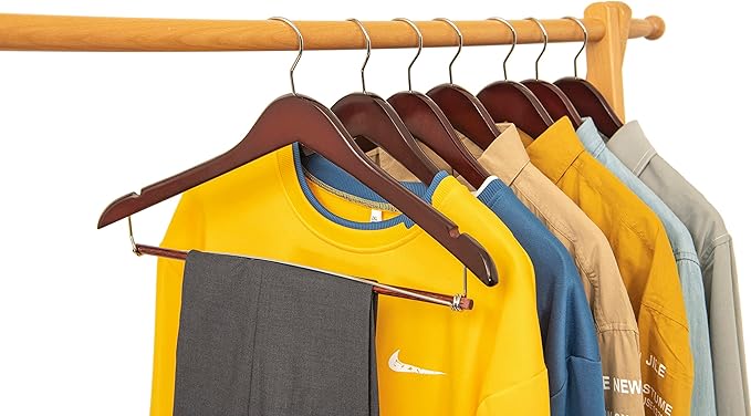 Quality Hangers Wooden Hangers Beautiful Sturdy Suit Coat Hangers with Locking Bar Chrome Hooks (50)