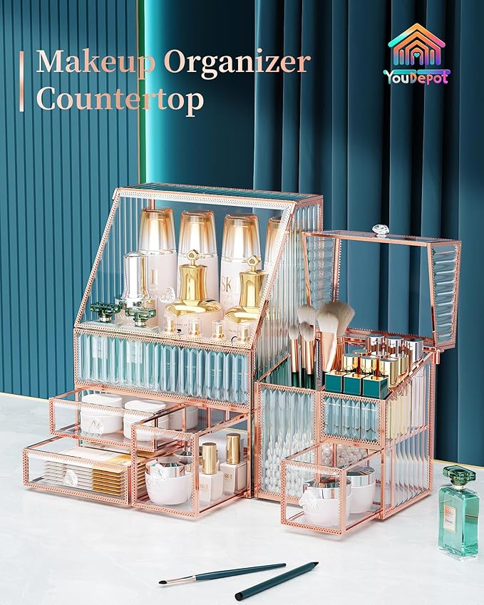 Youdepot Glass Makeup Organizer - Multi-Functional 3-in-1 Cosmetic Organizer for Skincare, Lipstick, Brushes - Vanity Organizer & Bathroom Organizer
