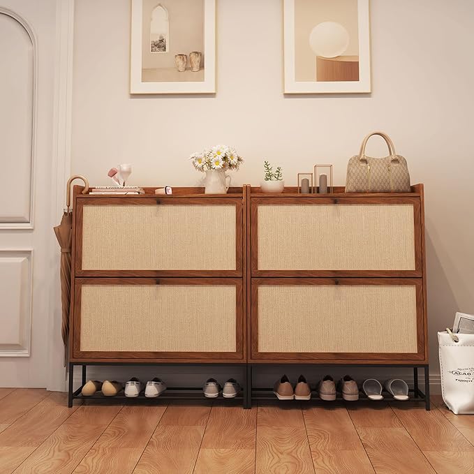 AVZEAR Freestanding Shoe Organizer with 2 Flip Drawer Doors, Entryway & Closet Shoe Storage, Linen Doors, Walnut