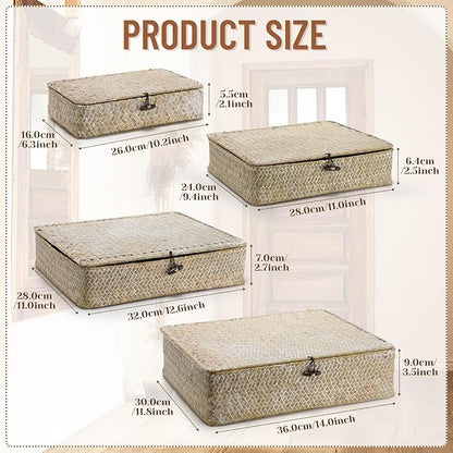 Didaey Set of 4 Seagrass Basket with Lid Wicker Storage Basket Decorative Storage Boxes with Lids Flat Storage Bins Woven Organizer Baskets for Shelf Closet Bedroom, 4 Sizes (White)