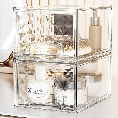 Delamu 2 Pack Stackable Storage Drawers, Makeup Skincare Holder Vanity Storage Organizer, Plastic Drawers For Vanity Desk, Undersink, Kitchen Cabinet, Pantry, Clear, Ideal Gifts for Women