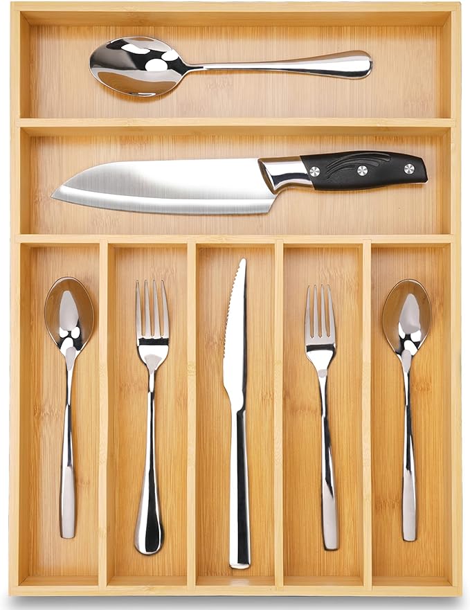 Upassion Bamboo Kitchen Drawer Organizer, 13 Inch Silverware Organizer with Extra-deep Grooved Divider, 7 Slots Pure Bamboo Wood Caddy for Flatware Cutlery Knives, Forks, Spoons
