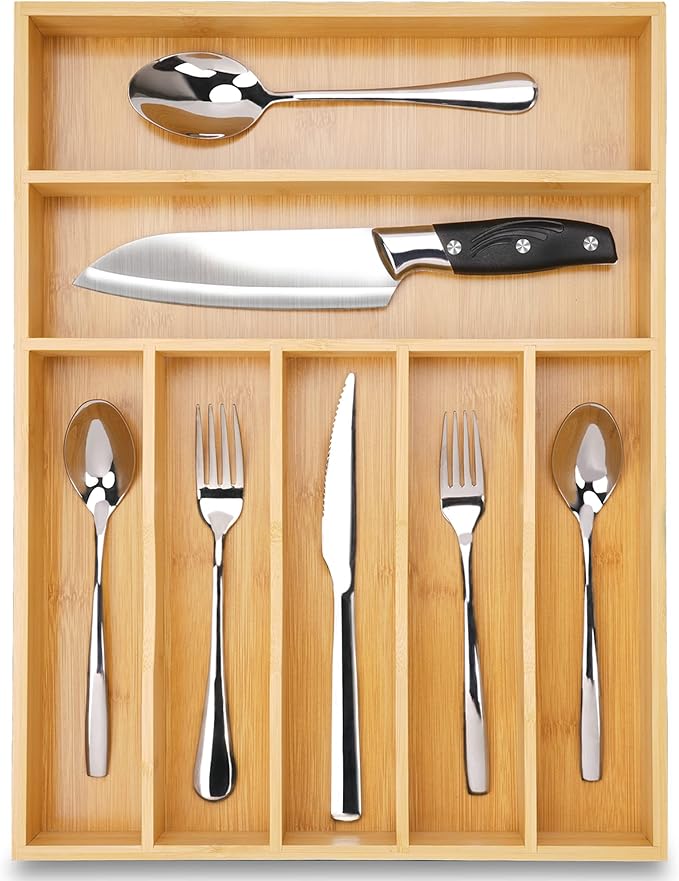 Silverware Organizer Bamboo Kitchen Drawer Organizer Utensil Organizer Silverware Holder Cutlery Organizer in drawer Flatware Organizer Tray (Natural 7 Slots)
