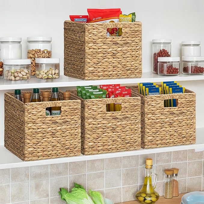 eHemco Large Square Woven Hyacinth Wicker Pantry Storage Baskets with Iron Wire Frame, 11"x11"x10", Natural, Set of 2