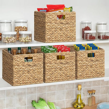 eHemco Large Square Woven Hyacinth Wicker Pantry Storage Baskets with Iron Wire Frame, 11"x11"x10", Natural, Set of 2