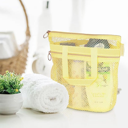 DV Lifestyle Mesh Shower Bag 10.2x9.9'' Quick-Dry Caddy with Zipper & 2 Pockets. Portable Toiletry Tote for Bathroom, Gym, Travel, Camp, Beach, for Sunscreen, Dorm & College Essentials (Yellow)