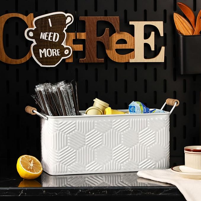 Silverware Caddy for Party Kitchen Flatware Holder for Countertop Metal White Hexagon Stripe Pattern Embossed Cutlery Organizer with 3 Compartments for Utensils, Spoons, Knives, Forks
