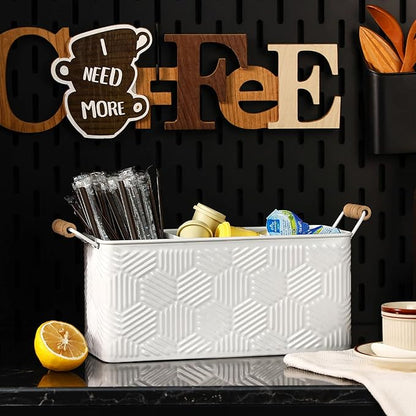 Silverware Caddy for Party Kitchen Flatware Holder for Countertop Metal White Hexagon Stripe Pattern Embossed Cutlery Organizer with 3 Compartments for Utensils, Spoons, Knives, Forks