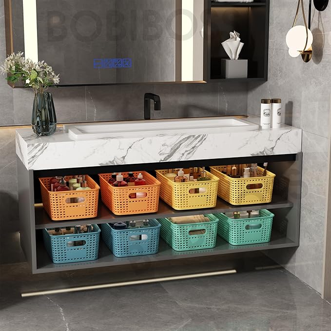 Colorful Plastic Storage Baskets with Lids 12 Pack Stackable Storage Bins Containers for Shelves Organizing, Colored Cute Decorative Storage Boxes for Classroom, Playroom, Closet, Pantry