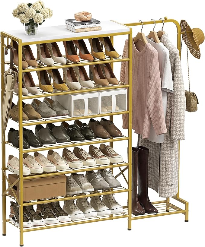 Shoe Rack with Coat Rack, 8 Tier Tall Shoe Storage Organizer with Hooks, 3-in-1, Wooden Top Shelf, Sturdy Frame, Metal Clothes Hanger Stand for Entryway, Closet, Gold