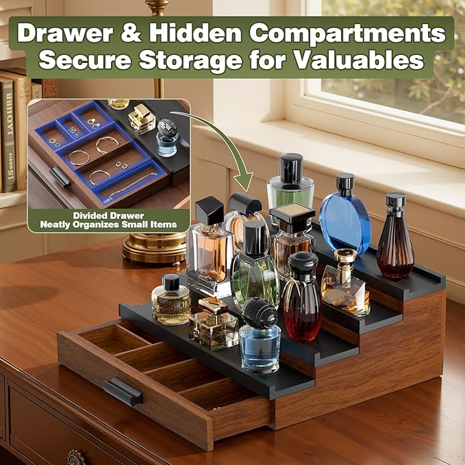Perfume Cologne Organizer for Men: 4 Tier Wooden Perfumes Stand, Desktop Parfum Holder Wood Display Shelf with Cabinet, Bedroom Dresser Makeup Lotion Jewelry Storage Rack with Drawer
