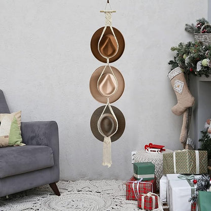 Besoamo Bohemian Hat Hangers Hat Organizer for Wall, Macrame Woman Hat Rack Hat Holder for Wall Hanging, Hand Weaving Boho Hat Holder Decorative Cap Organizer for Wide Brim Caps (Three Hats Style)