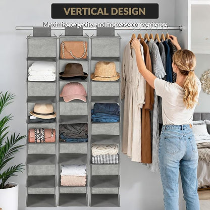 Garvee 3-Tier Hanging Shoe Organizer for Closet, Gray 8-Shelf Storage Holder with 2 Hooks, No Tools Needed Installation, Space-Saving Shelf for Shoes, Purses, Scarves, Accessories (3 Pack)