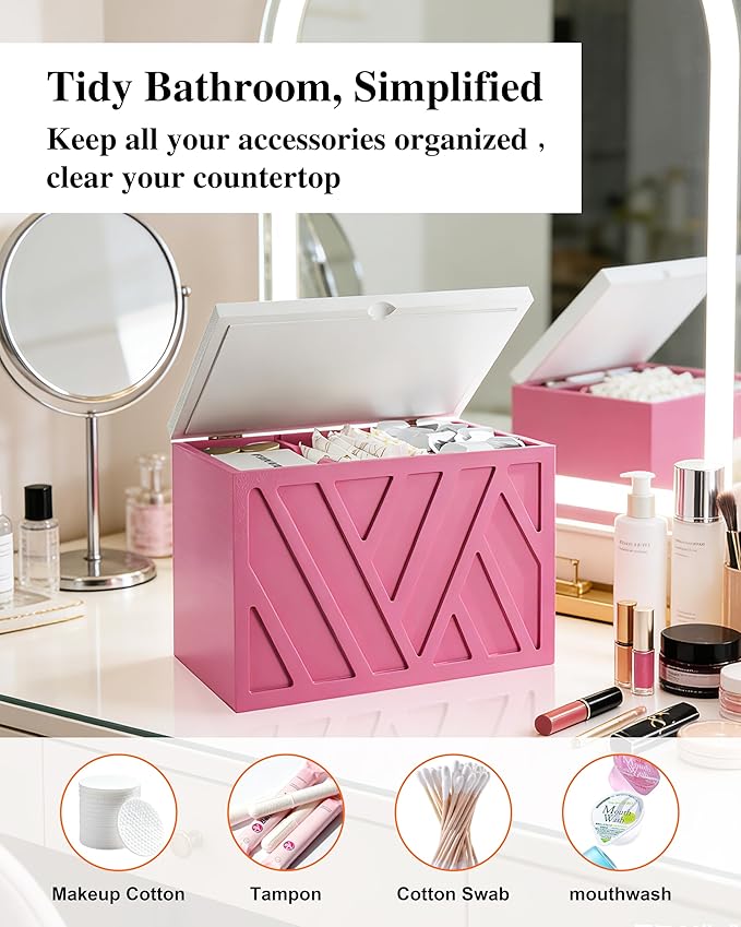 Tampon Holder for Bathroom Decor Feminine Product Organizer With Lid Shark Week Box Wooden Pad Girl Stuff Box (BLACK, lid) (1, PINK)