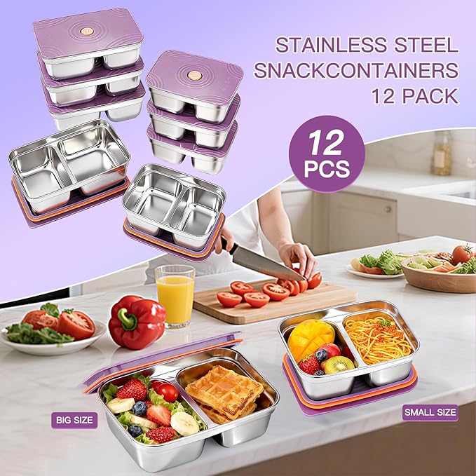 GIUOIDUO 12-Piece Stainless Steel Snack Containers Reusable, Grab and Go 2 Compartment Food Storage Containers with Leakproof Lids for Travel and Outdoor Camping School Lunch Prep Dishwasher Safe