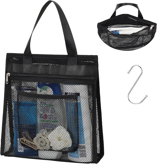 F-color Mesh Shower Caddy Portable Hanging - 3 Pockets Small Shower Bag Tote with Zipper Closure for Camping, Gym Lockers, Travel, Toiletry, Quick Dry Bathroom Essentials with S Hook, Black