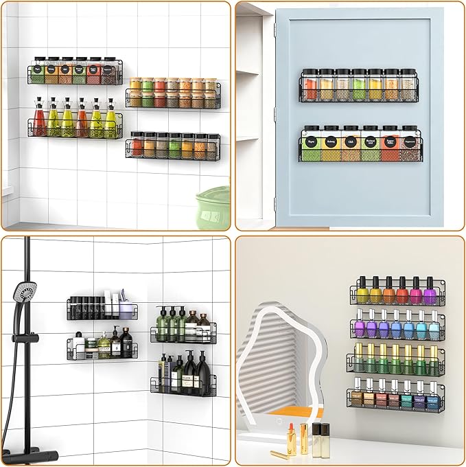 Wall Mounted Spice Rack Organizer, Pantry Door Organizer & Hanging Storage Baskets, Metal Spice Shelf for Kitchen Cabinet, 2 Depth Sizes Hold Large Jars to Nail Polish Bottles, 4 Pack