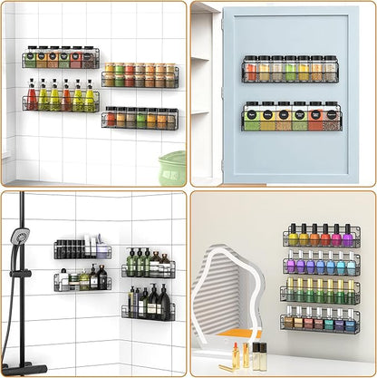 Wall Mounted Spice Rack Organizer, Pantry Door Organizer & Hanging Storage Baskets, Metal Spice Shelf for Kitchen Cabinet, 2 Depth Sizes Hold Large Jars to Nail Polish Bottles, 4 Pack