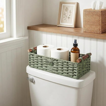 Sage Green Woven Bathroom Basket with Wood Handles — Toilet Paper Storage Organizer, Green Wicker Back of Toilet Basket, Boho Sage Green Bathroom Decor Tray for Tank Top or Shelf