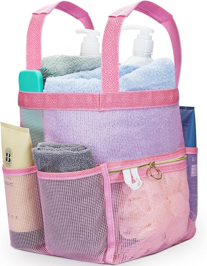 DV Lifestyle Mesh Shower Caddy Dorm, 7 Pockets & 1 with Zipper, Shower Tote with Padded Handles, Travel Portable, Shower Caddy College Room Essentials, Bathroom Shower Bag (Pink)