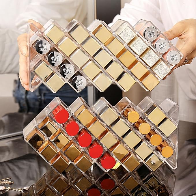 Lipstick Organizer,56 Lip Slots Acrylic Lipstick Holder,Stackable Lip Gloss Organizer,for Lipgloss Makeup Vanity Display, Clear (2 Pack)