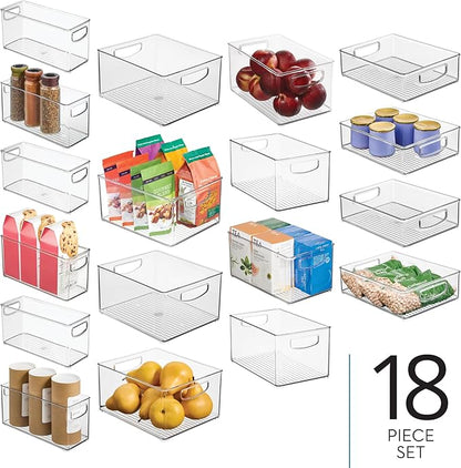 iDesign Stackable Plastic Handle Bin Assortment Set - Storage Organizers for Kitchen, Fridge, Pantry, Home -18 Pack, Clear