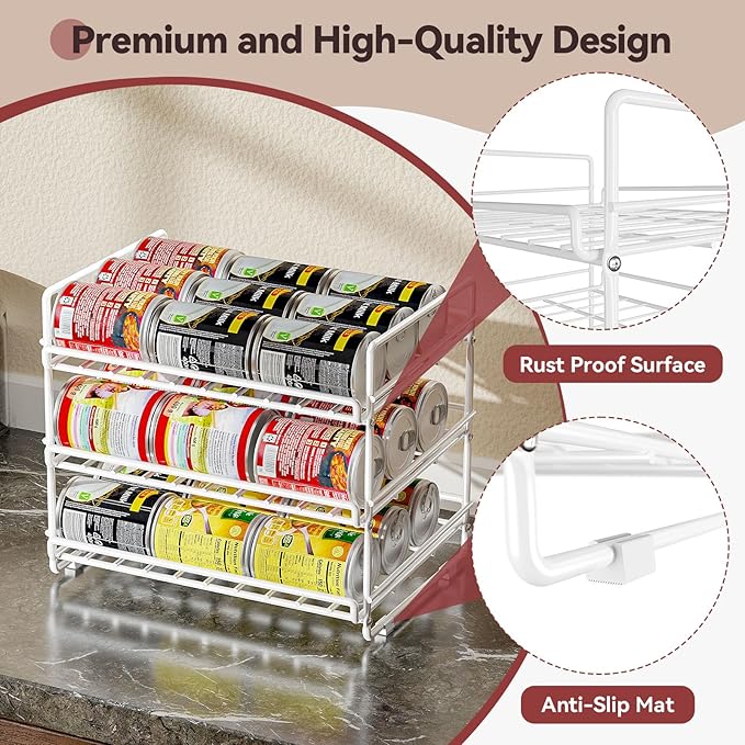 SUFAUY 3 Tier Can Organizer for Pantry, Holds 36 Cans, Heavy Duty Metal Shelves for Storage, White