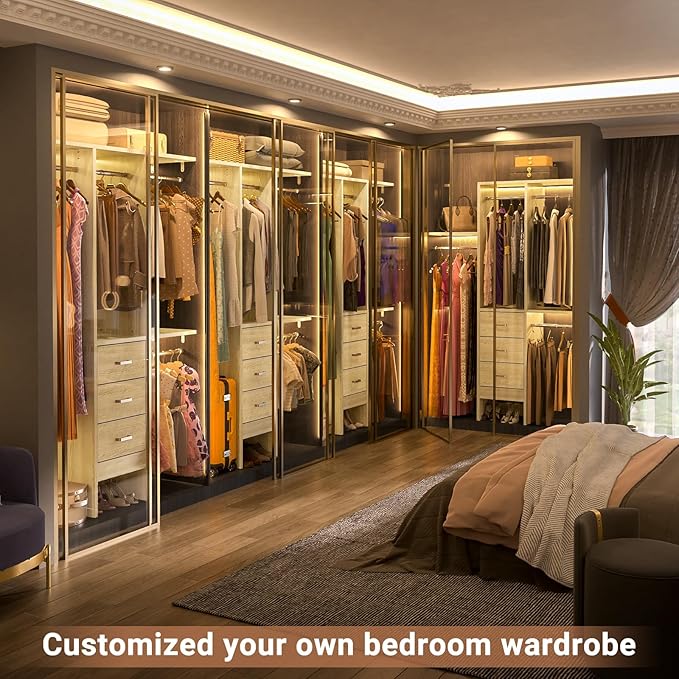 Besiost 4FT Small Closet System with 3 Fabric Drawers, 48'' Closet Organizer System With 3 Adjustable Shelves, Flexible Built-In Clothes Garment Rack for Small Space, 48" L x 13" W x 71" H, Light Oak