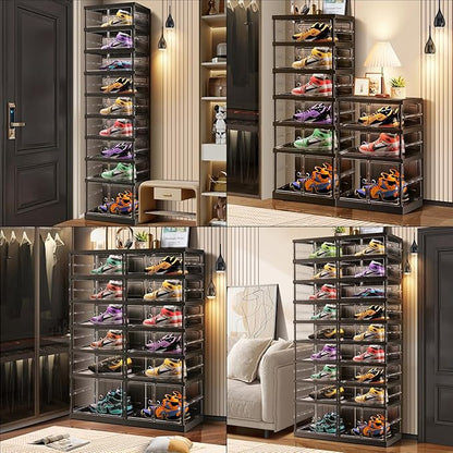 CIMLORD 6-Tier Foldable Shoe Rack for Closet Entryway 12-24Pairs,Stackable Clear Shoe Storage Boxes Organizer with Door Plastic Shoe Cabinet Bins with Lids Shoes Shelf Easy Assembly Large Black