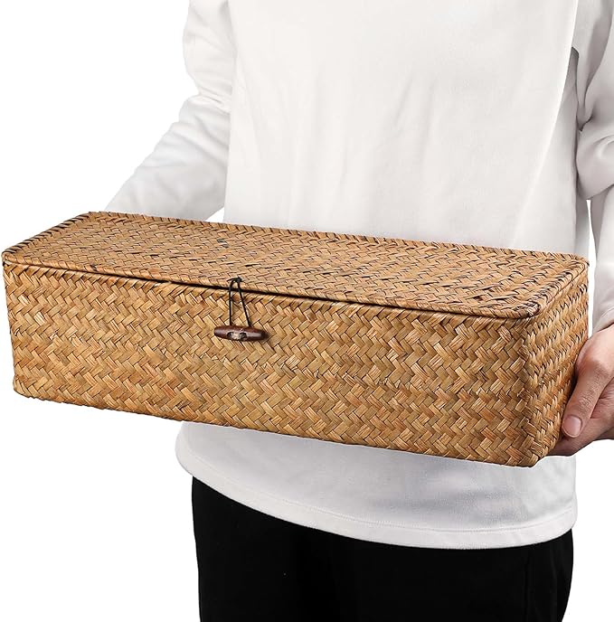 Hipiwe Handwoven Wicker Basket Box Rectangular Wardrobe Home Organizer with Lid 3 Sections Toilet Paper Holder Home Organizer for Tissue Snacks, Caramel