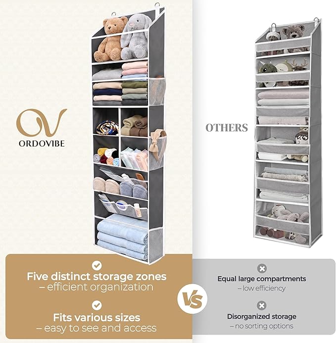 6-in-1 Over Door Hanging Organizer, Versatile Storage Over Door Organizer with 12 Mesh Pockets, 44 lbs Weight Capacity Hanging Storage Organizer for Bedroom, Bathroom,Behind Door,Deep Gray