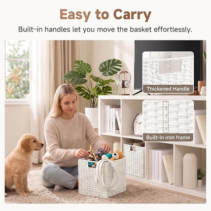 StorageWorks 11 inch Wicker Storage Cubes, Handwoven Cube Storage Bin, Square Cubes Basket, Foldable Paper Rope Basket for Organizing, White, 2 Pack