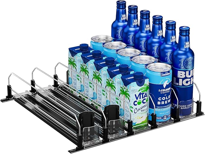 Puricon Drink Organizer for Fridge Pusher Glide, Spring Loaded Fridge Drink Dispenser, Self Pushing Soda Can Organizer for Refrigerator, Beer Bottle Beverage Organizer Drink Holder -5 Rows, Black