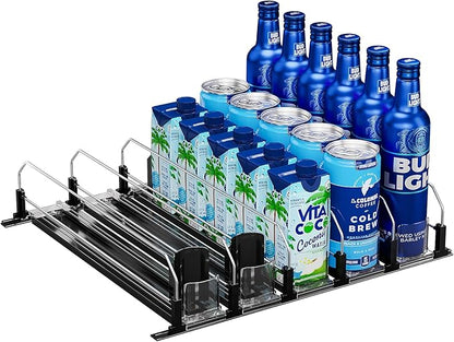 Puricon Drink Organizer for Fridge Pusher Glide, Spring Loaded Fridge Drink Dispenser, Self Pushing Soda Can Organizer for Refrigerator, Beer Bottle Beverage Organizer Drink Holder -5 Rows, Black
