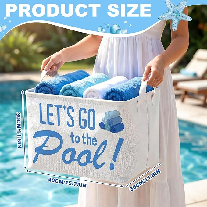 Yungyan Let's Go to The Pool Towel Storage Basket Bin and Organizer Large Pool Towel Storage Basket Waterproof Canvas Cube with Handle Beach Gift for Outdoor Summer Seaside Home Clothes Book Toy