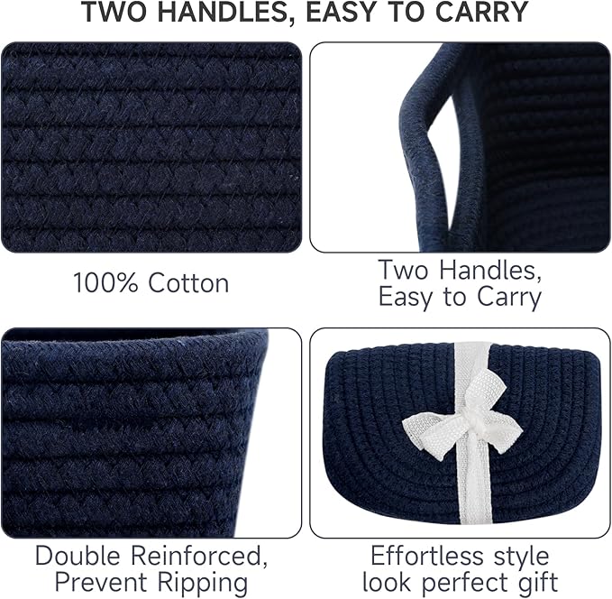 3-Pcs Shelf Baskets for Organizing, Closet Organizer Bins, Small Woven Baskets, Rope Toy Basket, Storage Basket for Shelves, Cube Decorative Box, 11.8×7.8×5.1”|Navy Blue