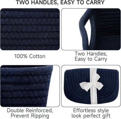 3-Pcs Shelf Baskets for Organizing, Closet Organizer Bins, Small Woven Baskets, Rope Toy Basket, Storage Basket for Shelves, Cube Decorative Box, 11.8×7.8×5.1”|Navy Blue