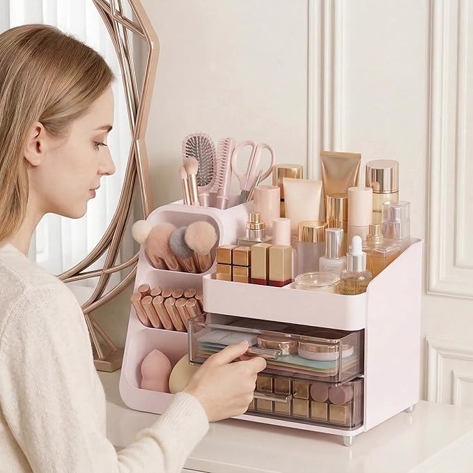 Large Capacity Makeup Organizer Countertop with Makeup Brush Holder for Vanity, Thickened Material, Bathroom Countertop Organizer Skin Care Perfumes Storage, Teen Girl Gifts for 12-23 Year（pink）