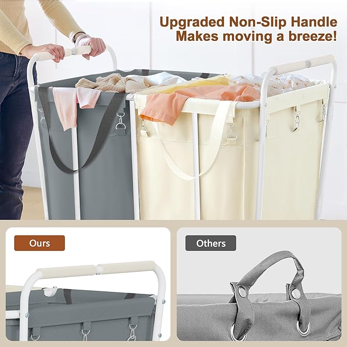 Hoctieon 2 Section Laundry Sorter Cart, 400L Rolling Hamper with Wheels, Industrial Laundry Basket Organizer, Extra Large Dirty Clothes Hamper for Home & Hotel, Heavy Duty, Gray+Beige