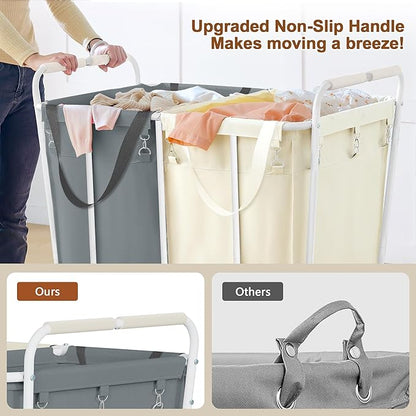 Hoctieon 2 Section Laundry Sorter Cart, 400L Rolling Hamper with Wheels, Industrial Laundry Basket Organizer, Extra Large Dirty Clothes Hamper for Home & Hotel, Heavy Duty, Gray+Beige