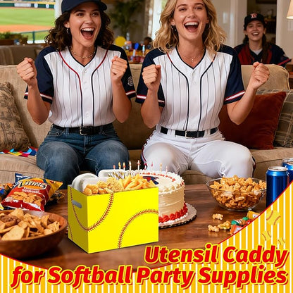 2PCS Softball Utensil Holder Paper Utensil Caddy for Softball Party Decorations Disposable Cutlery Holder with Handles for Birthday Party Supplies Girls Women Sports Party Favors Cutlery Caddy