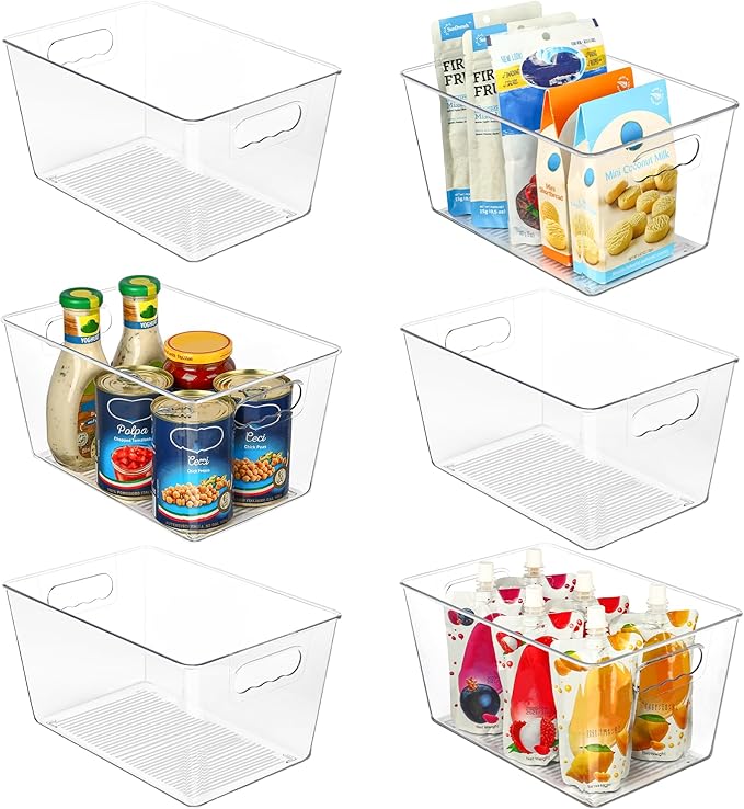 Vtopmart Clear Plastic Storage Bins, 6 PCS Pantry Organizer Bins with Handle for Refrigerator, Fridge, Cabinet, Kitchen, Countertops, Cupboard, Freezer Organization and Storage, Large