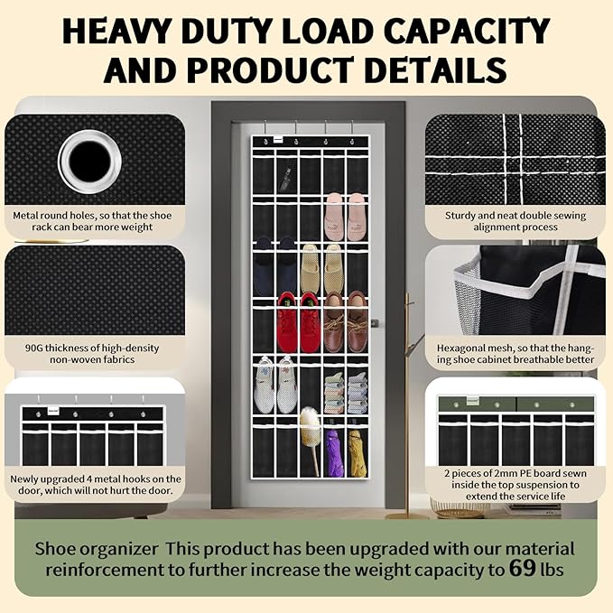 PAULONE Over the Door Organizer with 30 Large Pockets, 3 Sizes of Closet Hangers, Holds up to 69 lbs, Hanging Organizer with Clear Window for Children's Toys, Shoes, Diapers (Black)