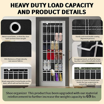 PAULONE Over the Door Organizer with 30 Large Pockets, 3 Sizes of Closet Hangers, Holds up to 69 lbs, Hanging Organizer with Clear Window for Children's Toys, Shoes, Diapers (Black)