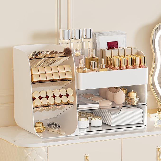 Makeup Organizer with 2 M Drawers & Brush Holders - Cosmetic Storage Case for Vanity, Bathroom Countertop & Desk - Skincare & Office Supplies Organizer (White, M)