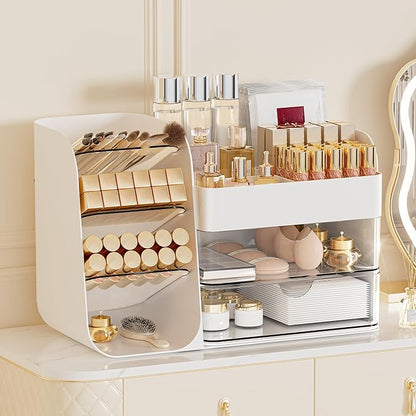 Makeup Organizer with 2 M Drawers & Brush Holders - Cosmetic Storage Case for Vanity, Bathroom Countertop & Desk - Skincare & Office Supplies Organizer (White, M)